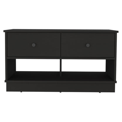 36" Black Wood Storage Bench With Drawers And Shelves