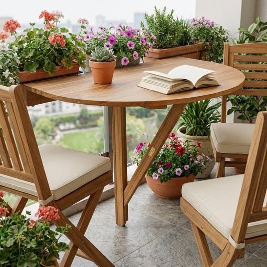 24" Brown Half Round Solid Wood Folding Outdoor Balcony Table