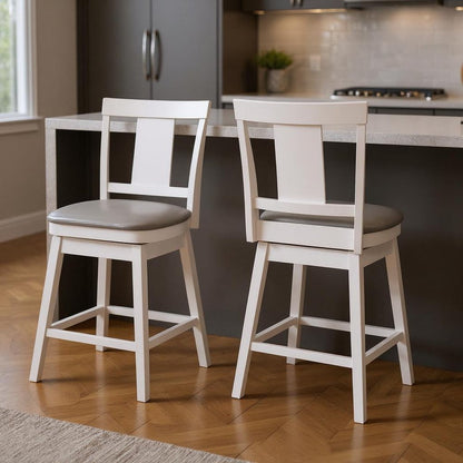 Set of Two 23" Gray And White Faux Leather And Faux Leather And Solid Wood Counter Height Swivel Bar Chairs