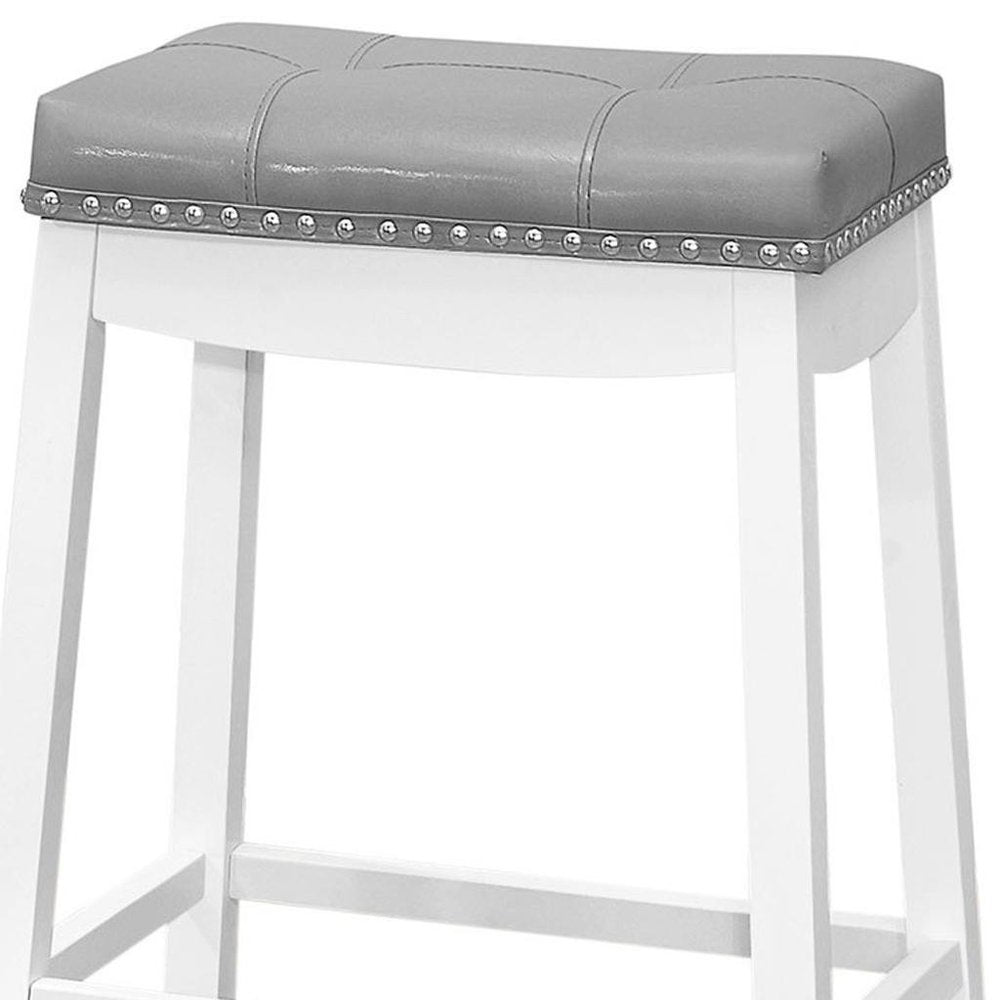 Set of Two 30" Gray And White Faux Leather And Fabric And Solid Wood Backless Bar Height Bar Chairs