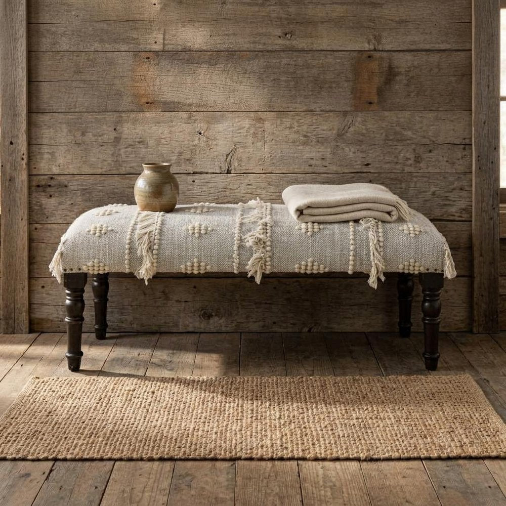 47" Cream And Black Leg Abstract Stripe and Dot Upholstery Bench