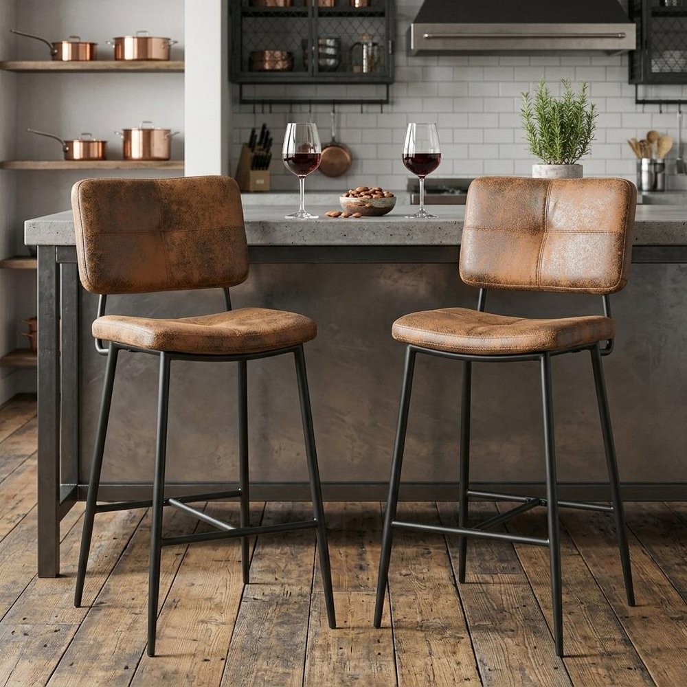 Set of Two 27" Brown And Black Suede And Steel Counter Height Bar Chairs