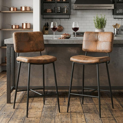 Set of Two 27" Brown And Black Suede And Steel Counter Height Bar Chairs