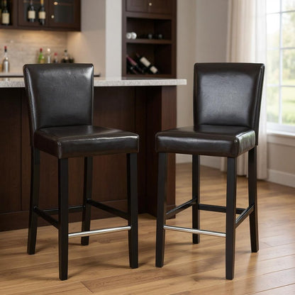 Set of Two 28" Brown And Black Faux Leather And Faux Leather And Steel Bar Height Bar Chairs