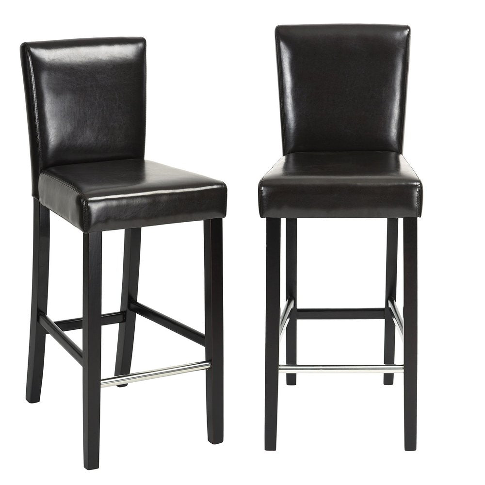 Set of Two 28" Brown And Black Faux Leather And Faux Leather And Steel Bar Height Bar Chairs