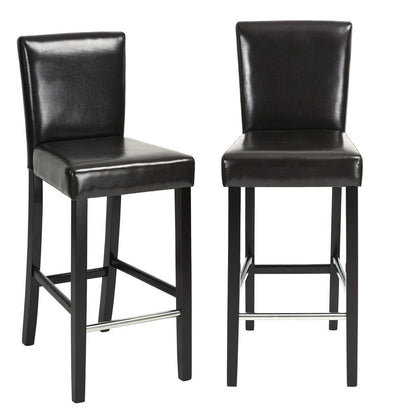 Set of Two 28" Brown And Black Faux Leather And Faux Leather And Steel Bar Height Bar Chairs