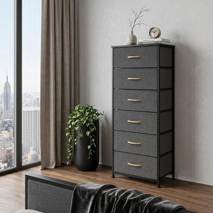 18" Black And Gray Fabric and Steel Six Drawer Dresser