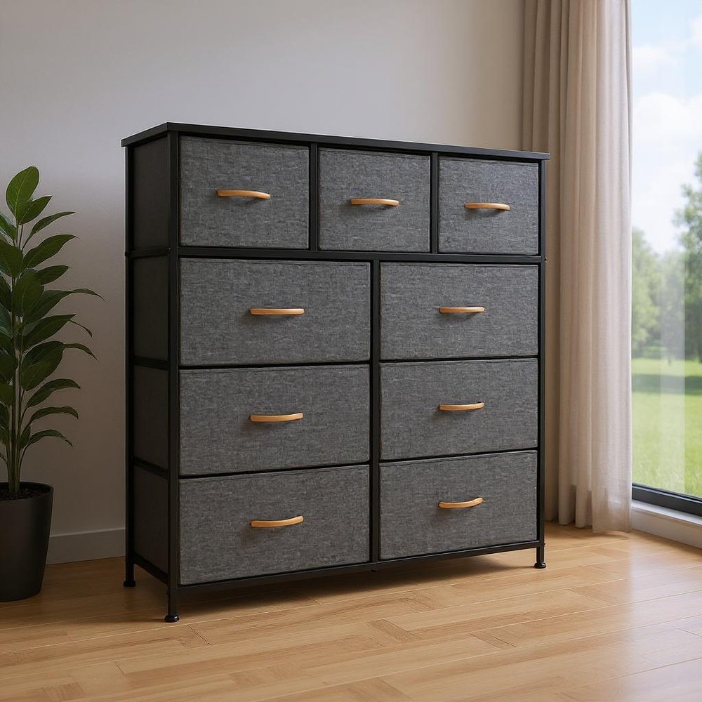 39" Brown Steel and Fabric Nine Drawer Triple Dresser