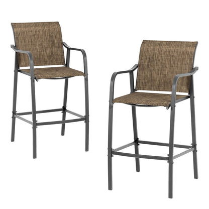 Set of Two 28" Gray and Brown Steel Outdoor Bar Height Chairs
