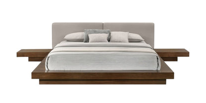 Gray and Walnut Wood And Faux Leather Queen Bed Frame With Attached Nightstands
