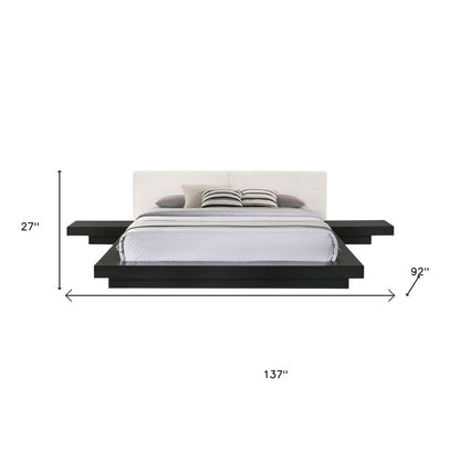 Black and White Wood And Faux Leather King Bed Frame With Attached Nightstands