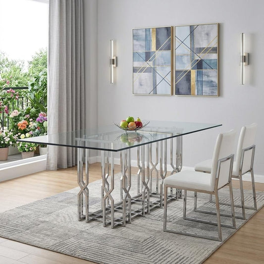 87" Clear And Silver Glass And Stainless Steel Pedestal Base Dining Table