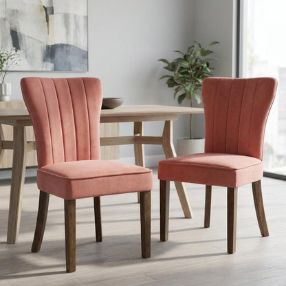 Set of Two Blush and Brown Upholstered Velvet Dining Parsons Chairs