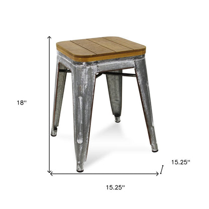 18" Brown And Gray Solid Wood And Steel Backless Bar Chair