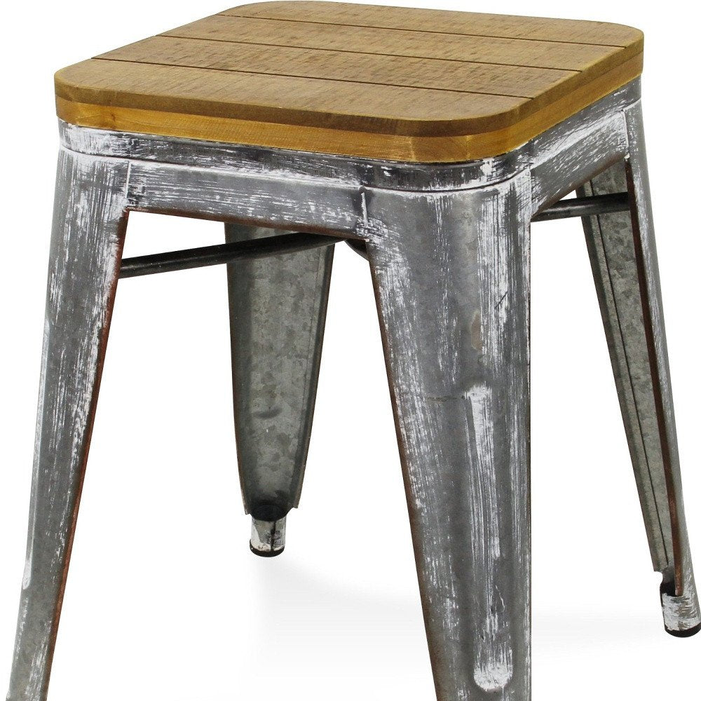 18" Brown And Gray Solid Wood And Steel Backless Bar Chair