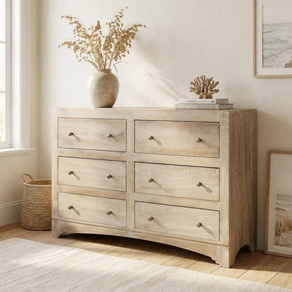 60" Brown Solid Wood Six Drawer Double Dresser