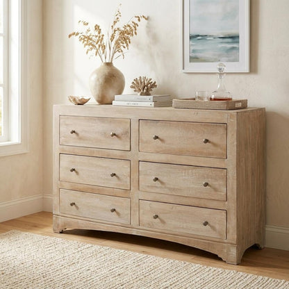 60" Brown Solid Wood Six Drawer Double Dresser
