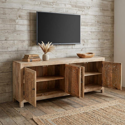 86" Natural Carved Floral Distressed Solid Wood Enclosed Storage TV Stand