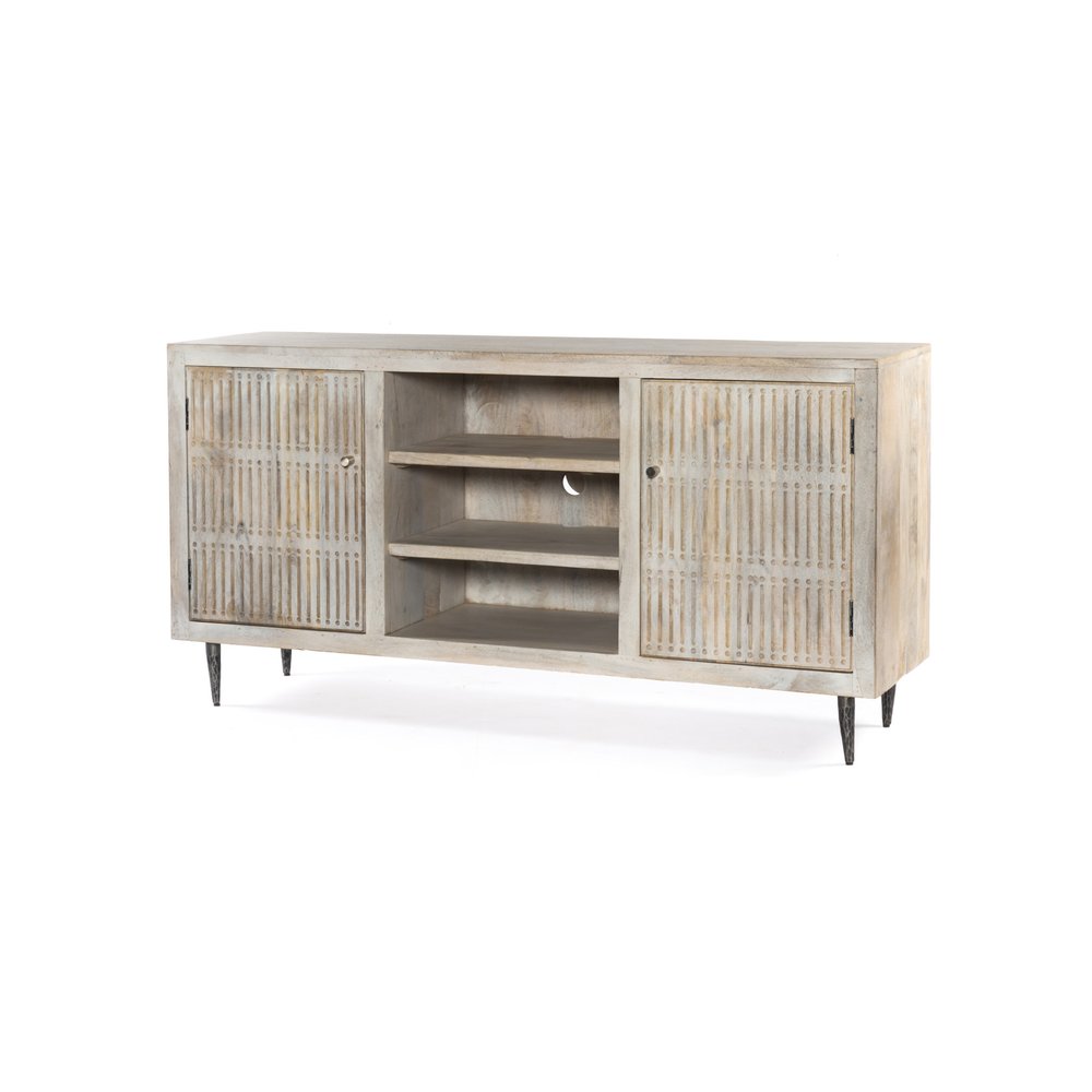 60" Ivory Carved Geometric Distressed Solid Wood Enclosed and Open Storage TV Stand