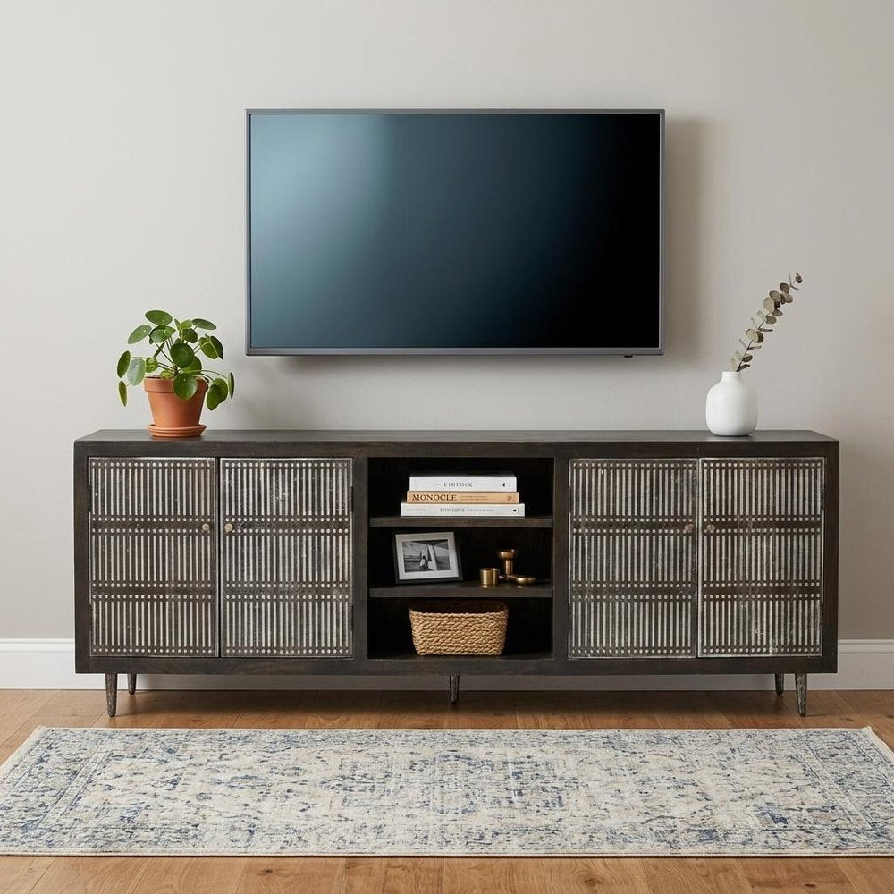 92" Dark Brown Carved Geometric Distressed Solid Wood Enclosed and Open Storage TV Stand