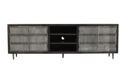 92" Dark Brown Carved Geometric Distressed Solid Wood Enclosed and Open Storage TV Stand