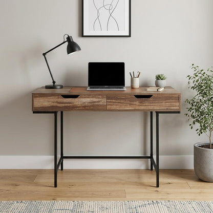 47" Brown and Black Wood and Metal H-Shape Computer Desk With Two Drawers