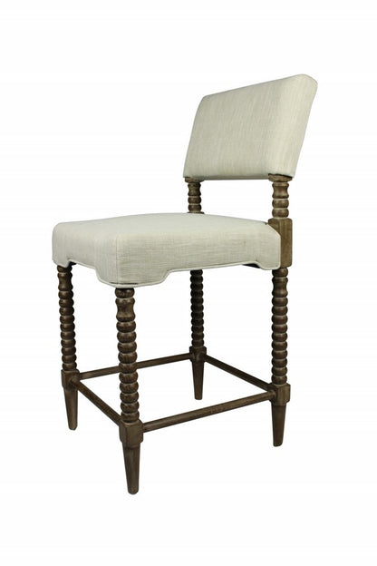 26" Off White And Brown Fabric And Linen And Wood Counter Height Bar Chair