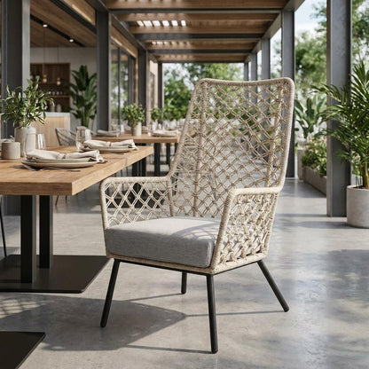 26" Gray Metal Outdoor Dining Chair with Gray Cushion