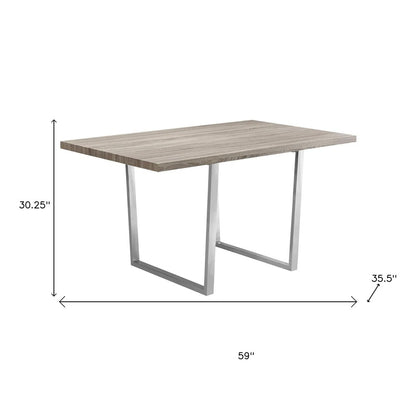 59" Taupe And Silver Solid Wood And Metal Sled Base Dining Table