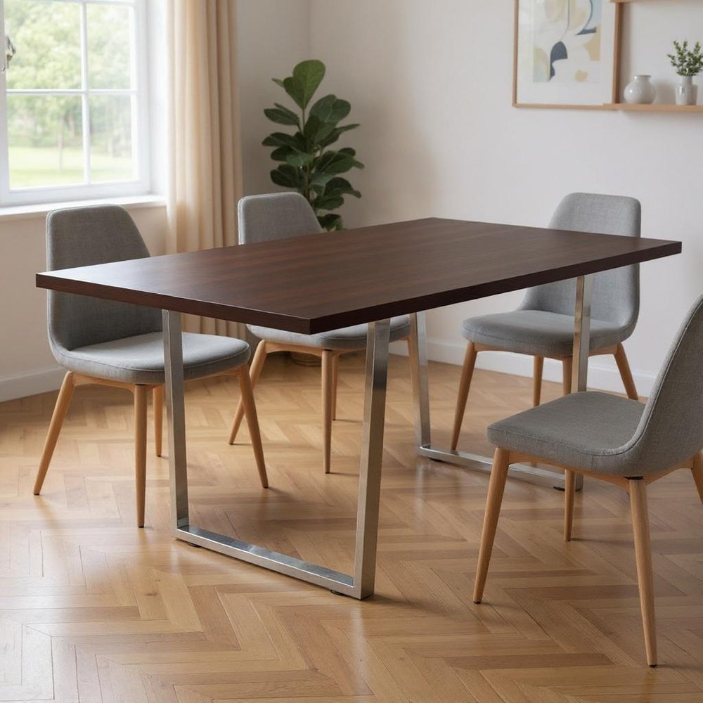 59" Espresso And Silver Solid Wood And Metal Sled Base Dining Table