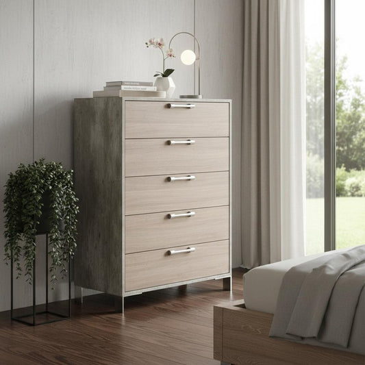 35" Brown Oak And Grey Solid And Manufactured Wood Five Drawer Chest