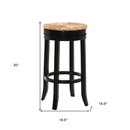30" Natural And Black Rush And Solid Wood Backless Bar Height Swivel Bar Chair