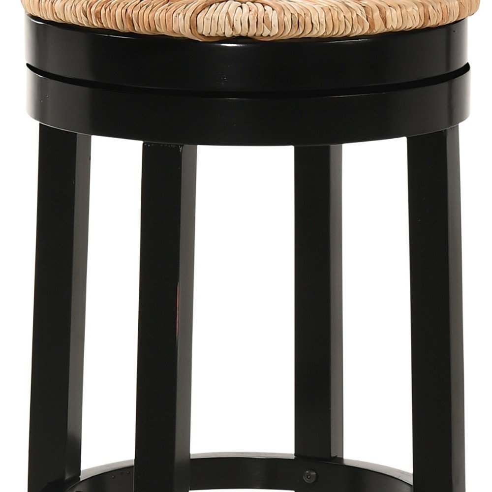 30" Natural And Black Rush And Solid Wood Backless Bar Height Swivel Bar Chair