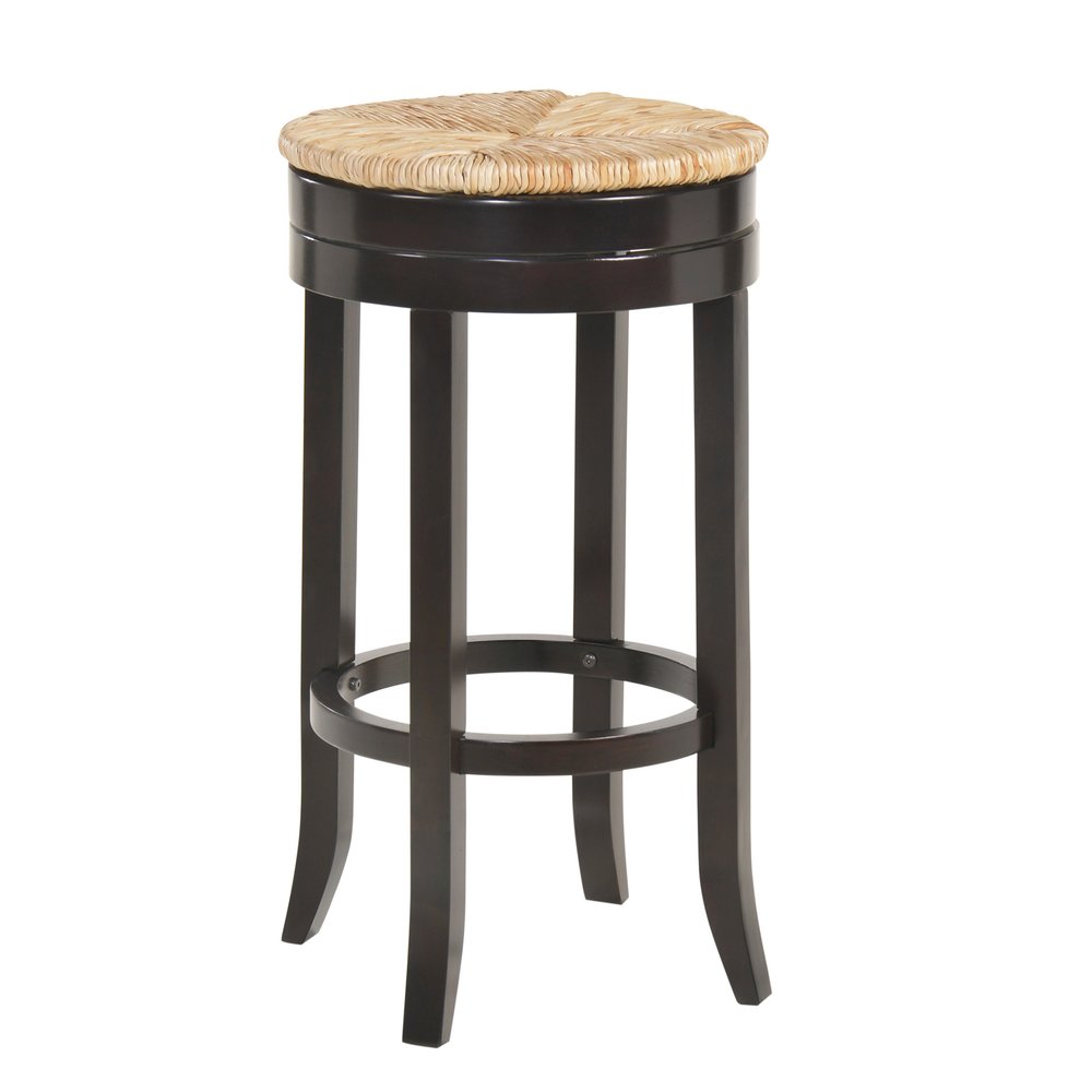 30" Natural And Espresso Rush And Solid Wood Backless Bar Height Swivel Bar Chair