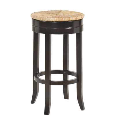 30" Natural And Espresso Rush And Solid Wood Backless Bar Height Swivel Bar Chair