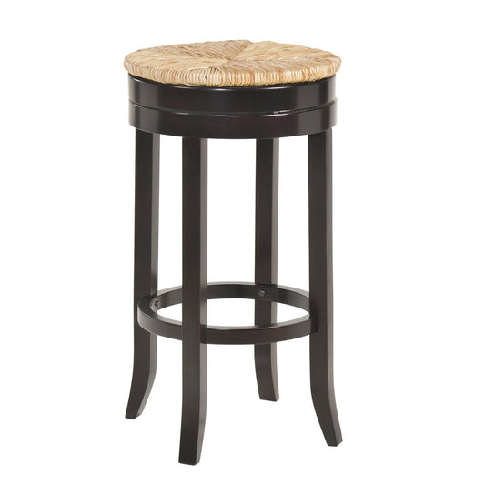 30" Natural And Espresso Rush And Solid Wood Backless Bar Height Swivel Bar Chair
