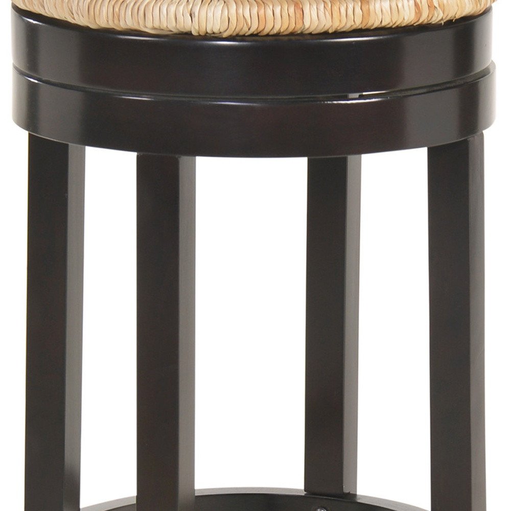 30" Natural And Espresso Rush And Solid Wood Backless Bar Height Swivel Bar Chair