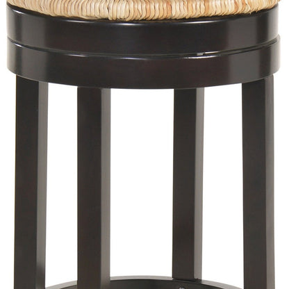 30" Natural And Espresso Rush And Solid Wood Backless Bar Height Swivel Bar Chair