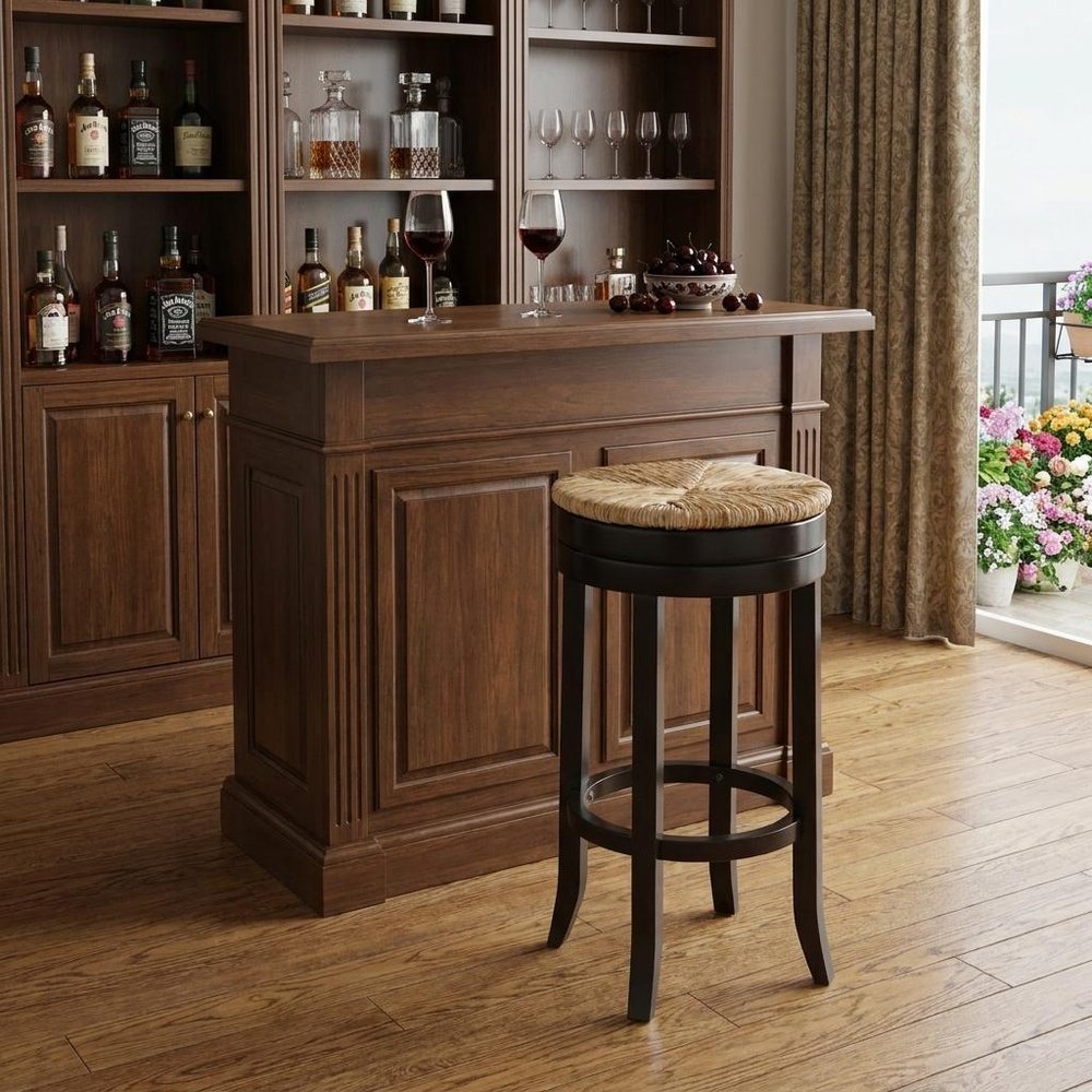 30" Natural And Espresso Rush And Solid Wood Backless Bar Height Swivel Bar Chair