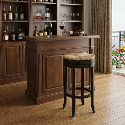 30" Natural And Espresso Rush And Solid Wood Backless Bar Height Swivel Bar Chair