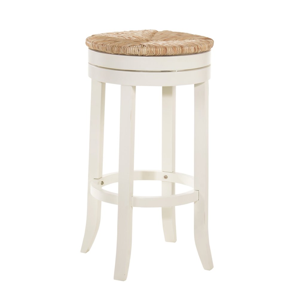 30" Natural And Antiqued White Rush And Solid Wood Backless Bar Height Swivel Bar Chair