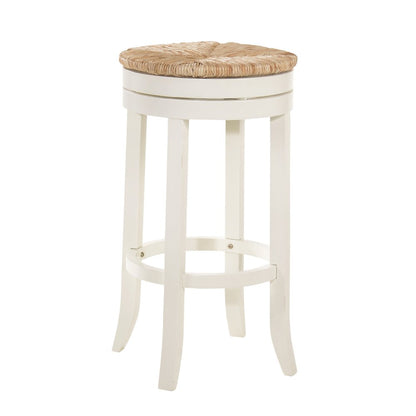 30" Natural And Antiqued White Rush And Solid Wood Backless Bar Height Swivel Bar Chair
