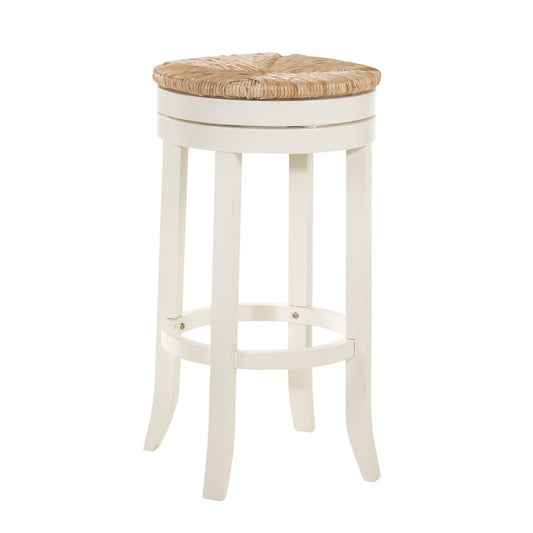 30" Natural And Antiqued White Rush And Solid Wood Backless Bar Height Swivel Bar Chair