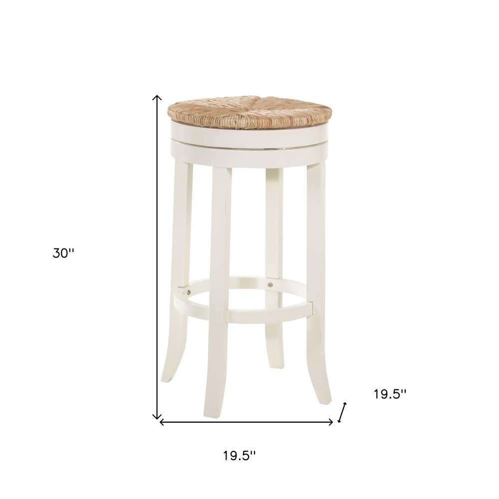 30" Natural And Antiqued White Rush And Solid Wood Backless Bar Height Swivel Bar Chair
