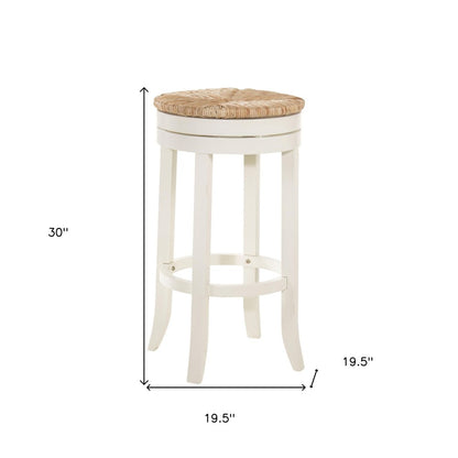 30" Natural And Antiqued White Rush And Solid Wood Backless Bar Height Swivel Bar Chair