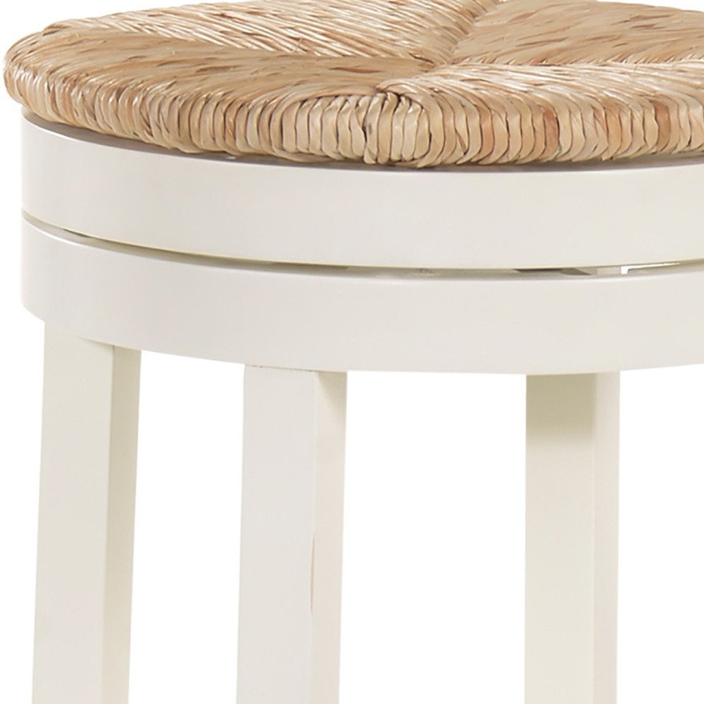 30" Natural And Antiqued White Rush And Solid Wood Backless Bar Height Swivel Bar Chair