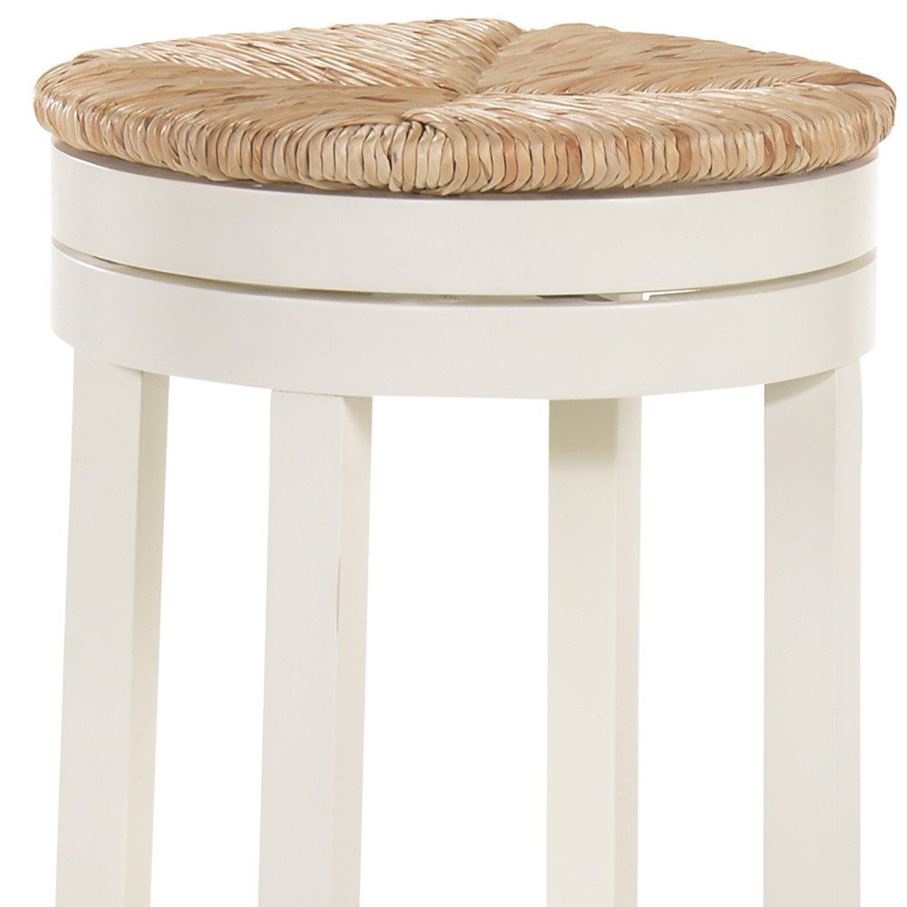 30" Natural And Antiqued White Rush And Solid Wood Backless Bar Height Swivel Bar Chair