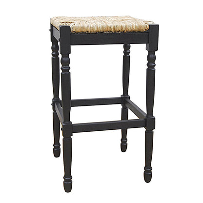29" Natural And Black Rush And Solid Wood Backless Bar Height Bar Chair