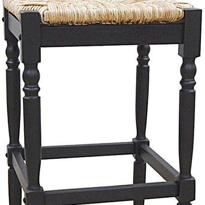 29" Natural And Black Rush And Solid Wood Backless Bar Height Bar Chair