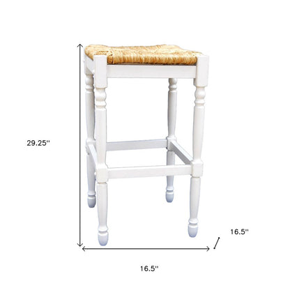 29" Natural And Antiqued White Rush And Solid Wood Backless Bar Height Bar Chair